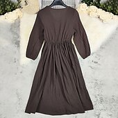 preiswerte Ausgefallene Kleider-Damen Midikleid Freizeitkleid Baumwoll-Leinenkleid Mode Modern Urlaub Täglich Ferien Normale Passform Einfach Langarm V Ausschnitt Braun Sommer
