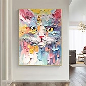 billiga Djurmålningar-handmålad nyckfull kattoljemålning - livfullt texturerat porträtt med safirfärgade djuroljemålningar boho väggkonst oljemålningar för vardagsrum sovrum väggdekoration