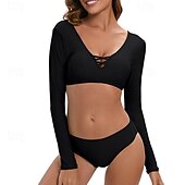 abordables Maillots une pièce et tankinis-Femmes Tankini Maillot De Bain Deux Pièces Dos Nu Maillot de Bain Couleur Unie Maillots de Bain Noir Respirant Séchage Rapide manche longue - Natation Surf Plongée en apnée Été