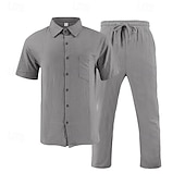 cheap Men&#039;s Tee Sets-Men&#039;s Shirt Suits Shirt and Pant Sets 2 Pieces Outfits Short Sleeve Lapel Summer Plain Fashion Casual 2 Piece Vacation Daily Wear Going out Black White Khaki Top Tee for Men