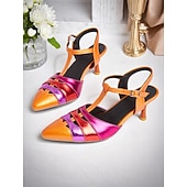 economico Stile Disco &amp; Hippie anni ’70-scarpe con tacco a T metallizzate arancioni e fucsia da donna – décolleté a punta colorblock in stile kitten retrò per feste danzanti, discoteche ed eventi vintage anni '70