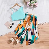 cheap Casual Dresses-2 Pieces Kids Girls' Color Block Off Shoulder Tank &amp; Pants Set Sleeveless Daily School 7-13 Years Summer Blue
