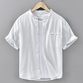 baratos Camisa Algodão Linho-Homens Camisa Social Camisa de linho Camisa casual camisa de botão Camisa de algodão Tecido Férias Rua Branco Azul Marinha Azul Marron Manga Curta avô Verão Roupa Bolsos