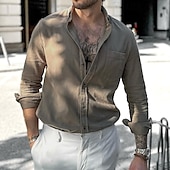 economico camicia da uomo con bottoni-Per uomo Camicia Camicia Estiva Camicia casual Camicia da Spiaggia Camicia con Bottoni Marrone Grigio Manica Lunga Semplice Bavero Vacanza Camicia hawaiana Tasca Abbigliamento Poliestere Moda Casual