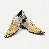 cheap Premium Leather Loafers-Men&#039;s Gold and White Floral Design Dress Shoes–Elegant Formal Footwear for Weddings and Gala Events