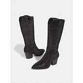 baratos Festa da Vida Noturna-Botas de cowboy femininas com strass - botas pretas de festa estilo western até o joelho com bico fino e salto grosso para festivais de música e eventos noturnos