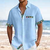 voordelige Vakantie-Voor heren Overhemd Linnen overhemd Zomer overhemd Strand Kleding Overhemd met knopen Effen Kleur Vakantie Curise Zwart Blozend Roze Groen Licht Blauw Korte mouw Kraag Zomer Lente zomer Kleding