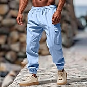 baratos Retrô-Homens Calças Cargo Calças de linho Calças Calça verão Calça casual Com Cordão Cintura elástica Bolso multi Tecido Conforto Respirável Comprimento total Casual Diário Feriado Férias Moda Preto Branco