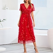 preiswerte Teelänge-A-Linie Kleid Brautmutterkleid Elegant V Ausschnitt Bodenlang Spitze Kurzarm mit Schärpe / Band Falten 2025