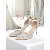 economico Formale-Scarpe da sposa con tacco a spillo e cinturino alla caviglia, con punta affilata e glitter argento, per spose ed eleganti occasioni nuziali