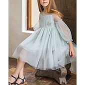 abordables Robes-Enfants Fille Robe Couleur Unie Manche 3/4 Extérieur Maille Adorable Coton Mi-long Robe Décontractée Robe en Tulle Été 4 ans et + Bleu Ciel