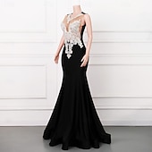 preiswerte SCHWARZ-Meerjungfrau  Trompete Abendkleid Elegantes Kleid Abendgesellschaft Ball Hochauslauf Ärmellos Runder Ausschnitt Stretch Crepe mit Perlenapplikationen