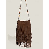 cheap Crossbody Bags-Women&#039;s Boho Fringe Crossbody Bag with Beaded Strap – Vintage Suede-Look Shoulder Purse for Festivals, Travel and Casual Outfits