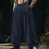 cheap Retro-Men&#039;s Linen Pants Trousers Summer Pants Beach Pants Pocket Drawstring Elastic Waist Plain Comfort Breathable Vacation Daily Holiday Hawaiian Boho Black White