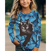 billiga Flickans 3D-djur-Flickor 3D Djur Katt T-shirt Långärmad Vår Höst Mode Grundläggande Barn 4-12 år Rund hals Utomhus Ledigt Dagligen Normal