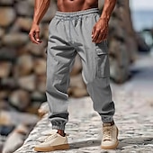 baratos Retrô-Homens Calças Cargo Calças de linho Calças Calça verão Calça casual Com Cordão Cintura elástica Bolso multi Tecido Conforto Respirável Comprimento total Casual Diário Feriado Férias Moda Preto Branco