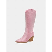 baratos Festa da Vida Noturna-Botas de cowboy femininas com strass - botas pretas de festa estilo western até o joelho com bico fino e salto grosso para festivais de música e eventos noturnos