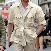 baratos Casacos &amp; Sobretudos para Homem-Homens jaqueta leve jaqueta de verão Jaqueta de Camisa Jaqueta de Transição Férias Diário Bolsos Verão Primavera Riscas Moda Clássico Lapela Padrão Rosa claro Azul Verde cáqui Casaco
