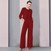 cheap Mom&#039;s Pant Suits-Pantsuit 3 Piece Mother of the Bride  Formal Wedding Guest Elegant Scoop Neck Ankle Length Chiffon Lace Sleeveless with Appliques free custom size