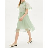 cheap Dresses-Kids Girls&#039; Dress Solid Color Short Sleeve Outdoor Mesh Patchwork Adorable Polyester Knee-length Casual Dress Summer 4 years+ Green