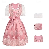 abordables Conjunto de Dirndl-Women's Bavarian Dirndl Dress Costume with Lace Apron and Blouse Pink Satin Embroidery Outfit for Oktoberfest Festival