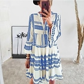 tanie Sukienki boho-Damskie Sukienka mini Codzienne sukienki Sukienka Boho Moda Rozkloszowany mankiet Na zewnątrz Impreza Święto Regularny Tenké Długi rękaw Półgolf Czarny Żółty Niebieski Lato