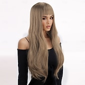 voordelige Synthetische trendy pruiken-synthetische pruik kinky recht recht gelaagd kapsel met pony pruik 24 inch a1 synthetisch haar dames klassiek comfortabel kleurverloop bruin