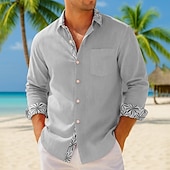 preiswerte Freizeithemden für Herren-Herren Hemd Sommerhemd Freizeithemd Strandhemd Knopfhemd Gelb Rosa Grün Grau Langarm Bedruckt Revers Urlaub Hawaiianisch Tasche Bekleidung Polyester Mode Lässig Bequem