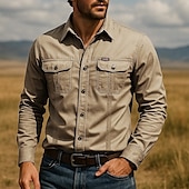 cheap Men&#039;s Work Shirts-Men&#039;s Shirt Summer Shirt Casual Shirt Beach Shirt Button Up Shirt White Navy Blue khaki Gray Long Sleeve Plain Lapel Vacation Hawaiian Pocket Clothing Apparel Polyester Fashion Casual Comfortable