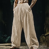 cheap Retro-Men&#039;s Linen Pants Trousers Summer Pants Beach Pants Pocket Drawstring Elastic Waist Plain Comfort Breathable Vacation Daily Holiday Hawaiian Boho Black White