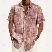 preiswerte Geometrische Muster-Herren Geometrisch Karo / Karomuster Hemd Freizeithemd Knopfhemd Kurzarm Modisch lässig Urlaub Ferien Streetwear Sommer Umlegekragen 3D-Druck Eine Tasche vorne Leinenähnliches Hemd Rosa Blau Purpur