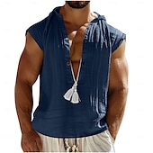 cheap Home-Men&#039;s Shirt Linen Shirt Viking Style Popover Shirt Summer Shirt Beach Wear Solid Color Vacation Home Black Navy Blue Sky Blue Green Sleeveless Hoodie Summer Spring Clothing Apparel