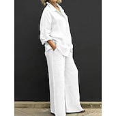 preiswerte Sets-Damen Aktiv Basic Baumwoll-Leinen-Sets Langarm Hemdkragen Einfarbig Alltagstauglich Schwarz Weiß Gelb Sommer Normale Passform