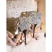 economico Formale-Scarpe da sposa con tacco a spillo e cinturino alla caviglia, con punta affilata e glitter argento, per spose ed eleganti occasioni nuziali