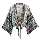 abordables Caftans-Femmes Maillots de Bain Vêtement couvrant Maillot de bain Nœud devant Tropical Tenues de plage Fleur Col en V manche longue Maillots de bain