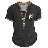 お買い得  エスニックスタイル-男性用 トライバル エスニック Tシャツ ヘンリーシャツ 半袖 デザイナー ベーシック エスニック アウトドア カジュアル 日常 夏 ブラック ライトグリーン ライトブルー カーキ色 ヘンリー ヘンリーTシャツ