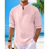 preiswerte Baumwoll-Leinenhemd-Herren Hemd Leinenhemd Popover-Hemd Freizeithemd Baumwollhemd Einfach Urlaub Hawaiianisch Schwarz Weiß Rosa Marineblau Langarm Stehkragen Frühling Herbst Bekleidung