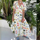 economico disegnare abiti in cotone e lino-Per donna Abito Lungo Maxi Abito Abiti in cotone e lino Vestito Casual Moda All&#039;aperto Feste Ferie Vestibilità regolare Frutta Manica Corta Scollo a V Beige Estate