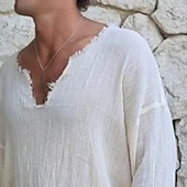 billiga Bomull och linne T-shirts-Herr Linne T-shirt Långärmad V-hals Vår &amp; sommar Slät Mode Bekväm Rå kant Semester Fest Ledigt Vit Topp t-shirt för män