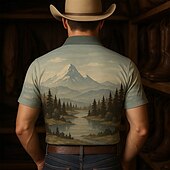 cheap Men&#039;s Printed Polo-Men&#039;s Tree Mountain Polo Short Sleeve Polo Shirts Collared Shirts Casual Western Style Outdoor Athleisure 3D Print Summer Blue