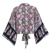 abordables Caftans-Femmes Maillots de Bain Vêtement couvrant Maillot de bain Nœud devant Tropical Tenues de plage Fleur Col en V manche longue Maillots de bain