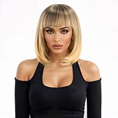 voordelige Synthetische trendy pruiken-Synthetische pruiken Kinky Recht Natuurlijk recht Asymmetrisch kapsel Strakke pony Machinegemaakt Pruik 30.5 cm A1 Synthetisch haar Dames Klassiek Comfortabel Kleurgradatie Blond