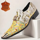 cheap Premium Leather Loafers-Men&#039;s Gold and White Floral Design Dress Shoes–Elegant Formal Footwear for Weddings and Gala Events