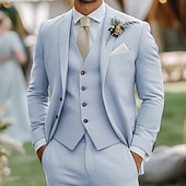 preiswerte Hochzeitsanzüge-Herren Hochzeit Leinenanzüge Himmelblau Salbei Mode Formell Einfarbig Standard Passform 3-teilig Einreihige Zwei-Knopf-Jacke
