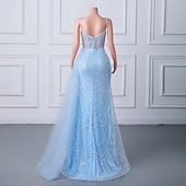 baratos CINZA-Sereia  Vestido de Noite Trompete Vestido Elegante Festa de Gala Traje de Corte Sem Mangas Alças Finas Com Lantejoulas e Pérolas