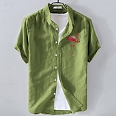 preiswerte Business Casual-Herren Leinenhemd Freizeithemd Baumwoll-Leinen-Hemd Knopfhemd Muster Urlaub Straße Weiß Dunkelmarine Himmelblau Armeegrün Kurzarm Revers Sommer Bekleidung Schnalle