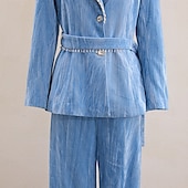 cheap Mom&#039;s Pant Suits-Blue Velvet Pantsuit Mother of the Bride Suit Elegant Minimalist Notched Lapel Floor Length Long Sleeve with Pearls