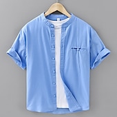 baratos Camisa Algodão Linho-Homens Camisa Social Camisa de linho Camisa casual camisa de botão Camisa de algodão Tecido Férias Rua Branco Azul Marinha Azul Marron Manga Curta avô Verão Roupa Bolsos
