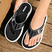 cheap Vacation Sandals-Men&#039;s Black Thick Sole Flip Flops with Soft Footbed and Fashion Strap Design for Adults Comfortable Summer Slippers for Beach Vacation Poolside Lounge Daily Shower Use