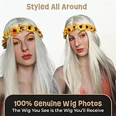 ieftine Peruci istorice-Coroana de flori costum peruci hippie pentru femei costum din anii '70 perucă cu coroană de flori detașabilă perucă lungă blondă costum hippie femei Halloween